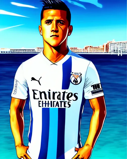 Image similar to portrait Anime Alexis Sanchez; white football shirt, Marseille beach in background || anime, manga cute-fine-face, pretty face, realistic shaded Perfect face, fine details. Anime. realistic shaded lighting by Katsuhiro Otomo and Artgem