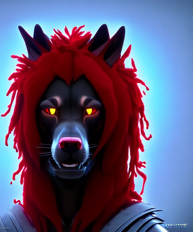 Image similar to award winning portrait of a anthropomorphic black male wolf with long red hair wearing futuristic armor | | concept art, 4 k, volumetric lighting, highly detailed, photorealistic, by cory loftis trending on artstation