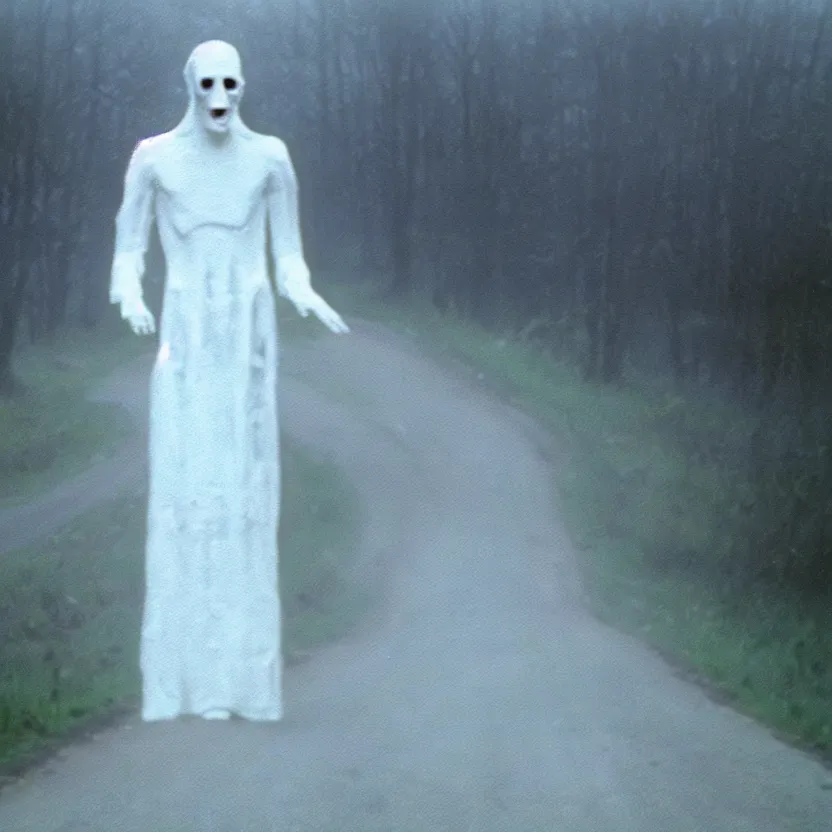 Prompt: 1 9 8 0's recovered film of a pale white figure standing silently on the side of a misty road, photorealistic, grainy, camcorder, old film, low quality, horror, creepy, unsettling, liminal, strangely terrifying