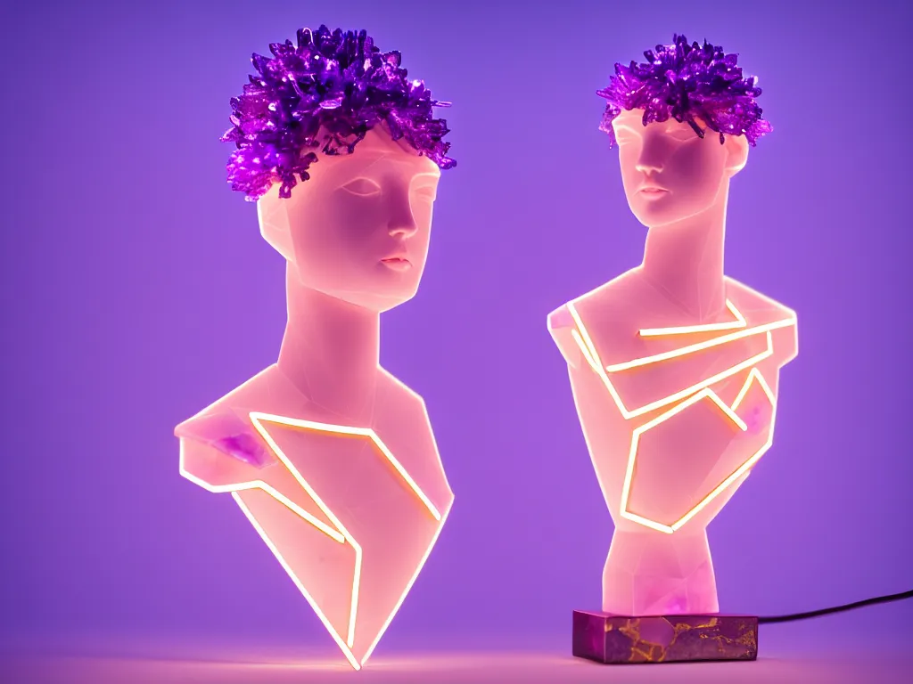 Image similar to beautiful mannequin sculpted out of amethyst by billelis + lit with geometric neon + kintsugi, facing a doorway opening with neon pink geometric light + gold geometric cubed bonsai trees, clean linework, dramatic, finely detailed, rule of thirds, moody, award winning, 4 k, trending on artstation, photorealistic, volumetric lighting, octane render