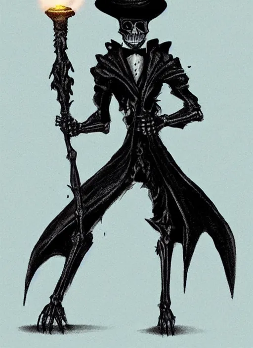 Image similar to DND character concept, skeletal male figure, wearing a deep black suit!!! and tie and top hat, holding a gold! cane!. Surrounded by light blue!!! flames!!