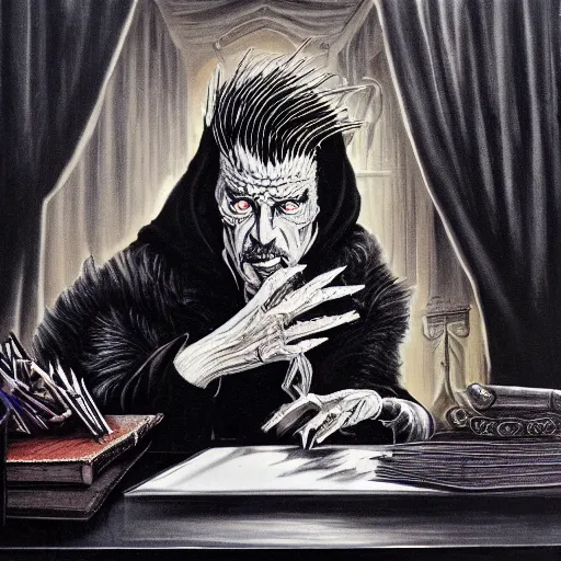 Prompt: vincent price as billionaire howard hughes in long black feathered cloak, black hands tipped with black claws, feathers growing out of skin, at opulent desk, vivid, mike mignogna, illustration, highly detailed, rough paper, dark, oil painting