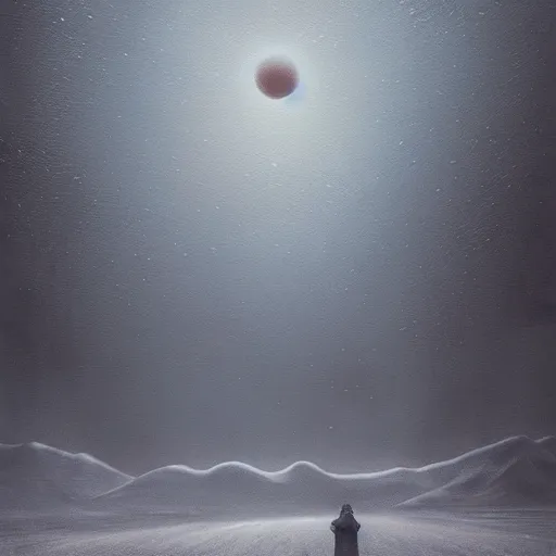 Image similar to a painting of a person standing in the snow, a surrealist painting by zdzisław beksinski and by alena aenami, deviantart, nuclear art, dystopian art, apocalypse landscape, surrealist