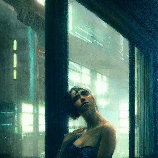 Image similar to detailed portrait of a woman, moment, cyberpunk cloisters, electronic billboards, tech noir, wet reflections, atmospheric, ambient, livia prima, greg rutkowski, edward hopper