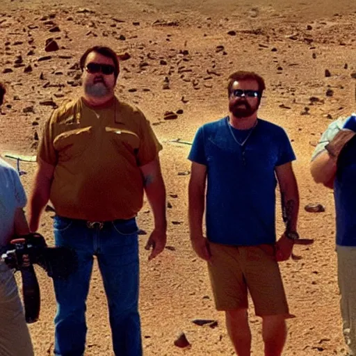 Image similar to The Trailer Park Boys on Mars, found footage, film grain