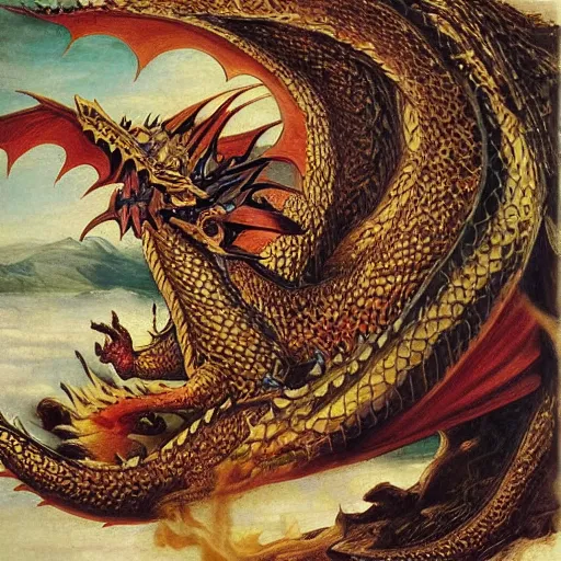 Prompt: dragon breathing fire, renaissance oil painting, 8 k, highly ornate intricate details, extreme detail,