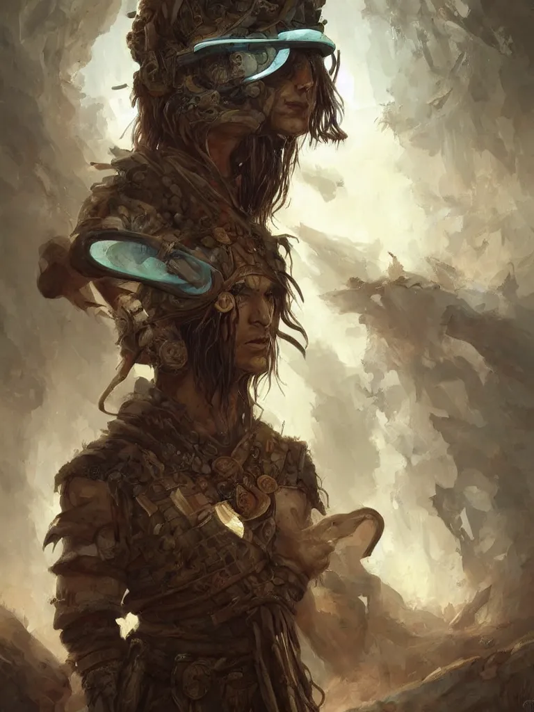 Image similar to Neolithic shaman, wearing playing Virtual Reality, prehistoric, beautiful painting, character concept art portrait, matte fantasy painting, DeviantArt Artstation, by Jason Felix by Steve Argyle by Tyler Jacobson by Peter Mohrbacher, cinema
