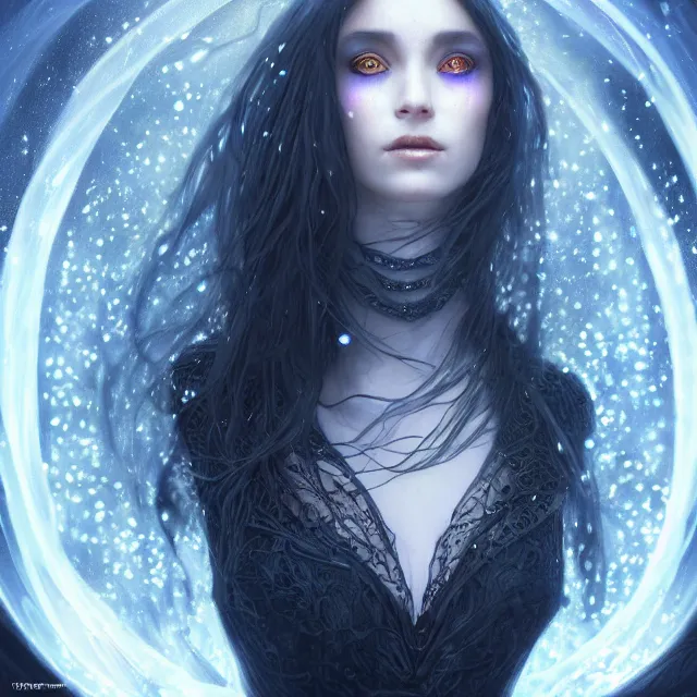 Prompt: detailed portrait of beautiful witch, dark fantasy, black background!!! glowing eyes, glow behind, blue light, symmetry, highly detailed, 4 k digital painting, detailed skin, iridescence reflecting, crystal particles, magical, raytracing, plasma, artistic, concept art by artgerm, greg rutkowski, alphonse mucha, unreal engine render,