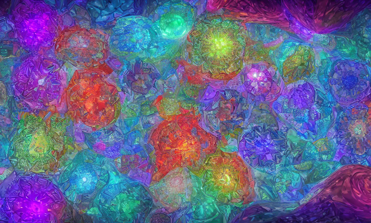 Image similar to voronoi engine laboratory 3 d volume kaleidoscope mandala fractal chakra digital multicolor stylized concept substance natural color scheme, artstation gta cover comics style by james gurney and beeple global illumination volume lighting pixar and disney tone mapping radiating a glowing aura global illumination ray tracing hdr