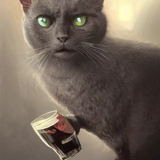 Image similar to a big dark angry powerful menacing grey cat wearing a suit. Holding a beer. Waving into the camera. With long fur and fluffy tail sitting, intricate, elegant, highly detailed, digital painting, artstation, concept art, matte, sharp focus, illustration, art by Artgerm and Greg Rutkowski and Alphonse Mucha