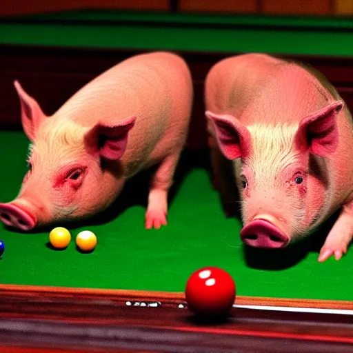 Prompt: 8k photo of pigs playing snooker