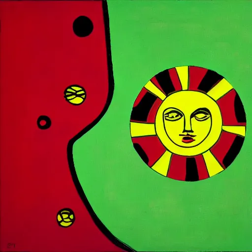 Prompt: an abstract space of symbols and a pair of acid red and black sun in a green sea