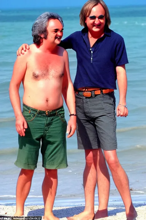Prompt: Braco the gazer is on the beach with a man who looks a little bit like john belushi, laughing
