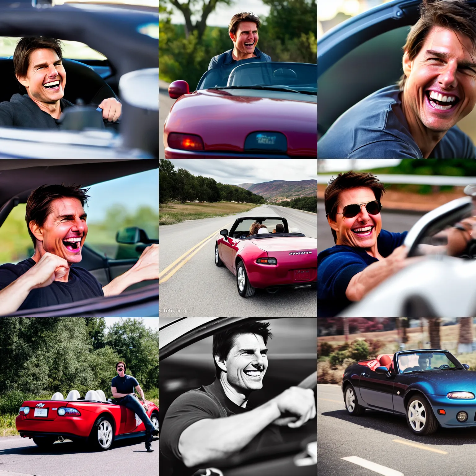 Prompt: tom cruise laughing super hard, driving a miata convertible, 5 0 mm, dynamic lighting