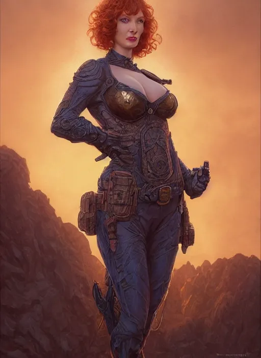 Image similar to Christina Hendricks as a ruggedly handsome hero staring into the camera, golden hour, intricate, elegant, highly detailed, centered, digital painting, artstation, concept art, smooth, sharp focus, illustration, artgerm, donato giancola, Joseph Christian Leyendecker, WLOP, Boris Vallejo, Artgerm