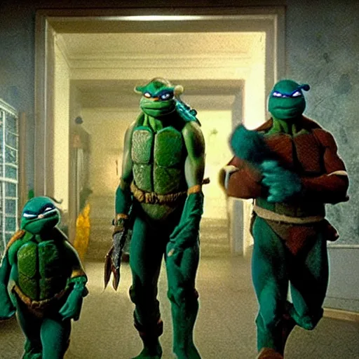 Image similar to movie still of Teenage Mutant Ninja Turtles in The Shining