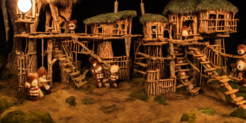 Prompt: intricate treehouse village, fuzzy warrior bears in handmade clothes, bones of the enemy in background, warm torchlight glow, wooden pathways with handrails,