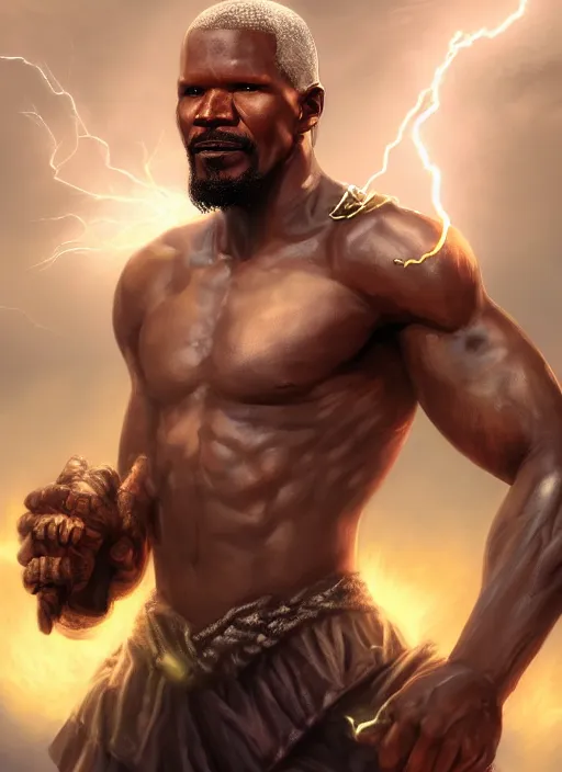 Image similar to a highly detailed illustration of Jamie Foxx as a bearded short fade hair african warrior god of lightning, evil summoning lightning from hands pose, moonlit clouds background, muscular, intricate, elegant, highly detailed, centered, digital painting, artstation, concept art, smooth, sharp focus, league of legends concept art, WLOP