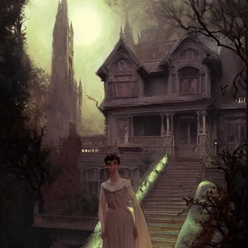 Image similar to audrey hepburn in a horror novel, haunted mansion, various backgrounds, highly detailed, digital painting, artstation, matte, illustration, art by gaston bussiere, greg rutkowski, j. c. leyendecker