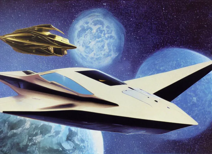 Prompt: lamborghini starship floating in nebula, ludek pesek, rick guidice, chesley bonestell, lucien rudaux, rolf klep, fred freeman, george pal