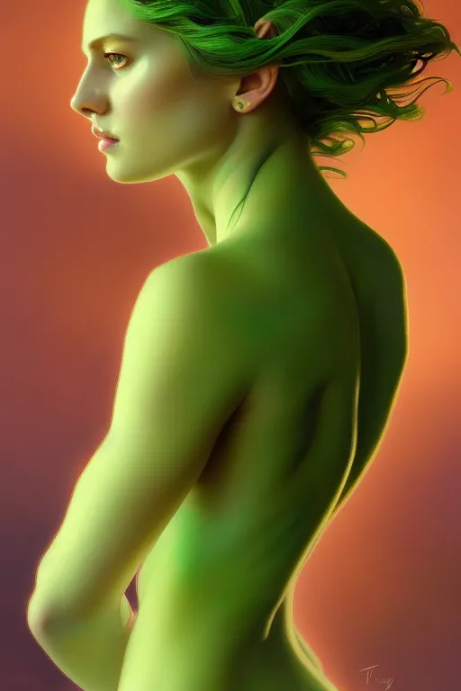 Prompt: beautiful nymph goddess sideways full body portrait, bright green eyes, by terry o'neill intricate, elegant, highly detailed, digital painting, glistening skin, artstation, concept art, smooth, sharp focus, volumetric lighting, sensual, natural, illustration, art by artgerm and greg rutkowski and alphonse mucha, 8 k