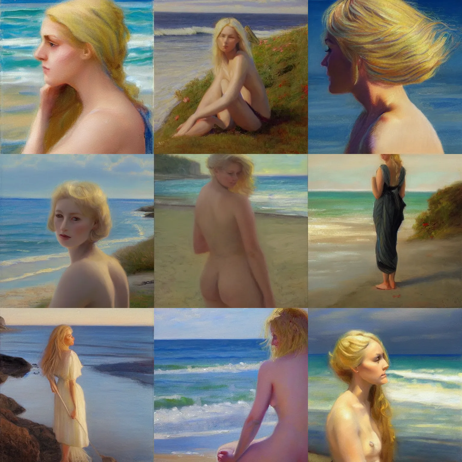 Prompt: a blonde woman by the shore, beautiful hair, oil painting, albert edelfelt, award winning painting, diffuse outline