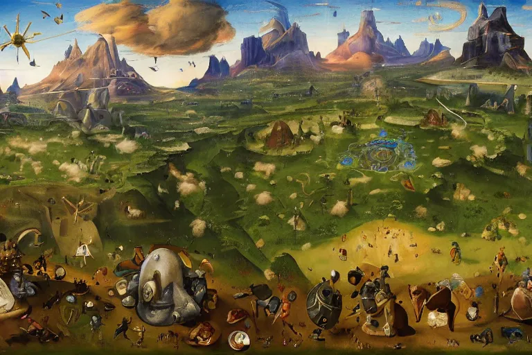 Prompt: zelda!! breath of the wild landscape painted by hieronymus bosch