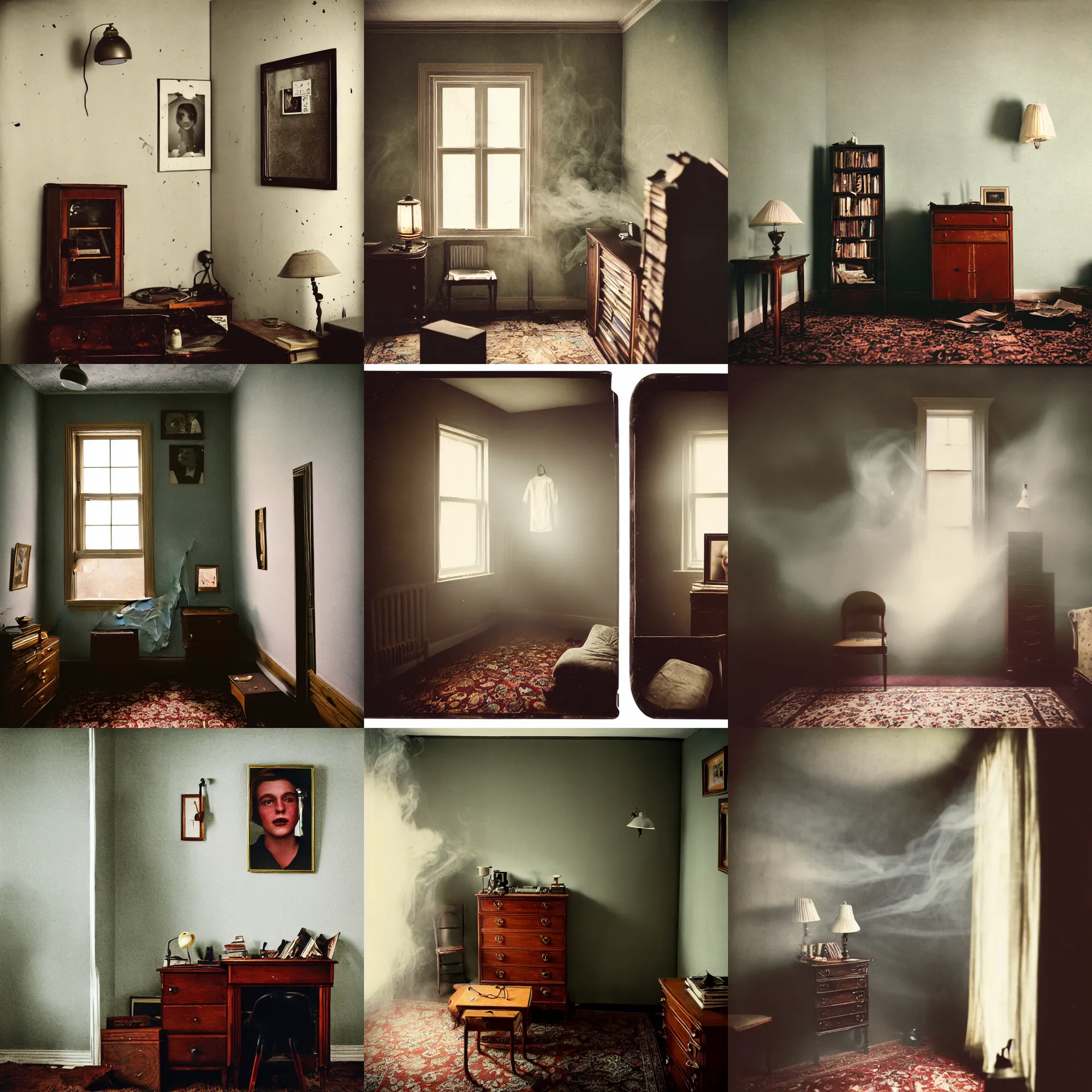Prompt: kodak portra 4 0 0, wetplate, 8 mm extreme fisheye, award - winning portrait by britt marling, a handome boy, 1 9 2 0 s room, ghost, picture frames, shining lamps, dust, smoke, 1 9 2 0 s furniture, wallpaper, carpet, books, muted colours, wood, fog,