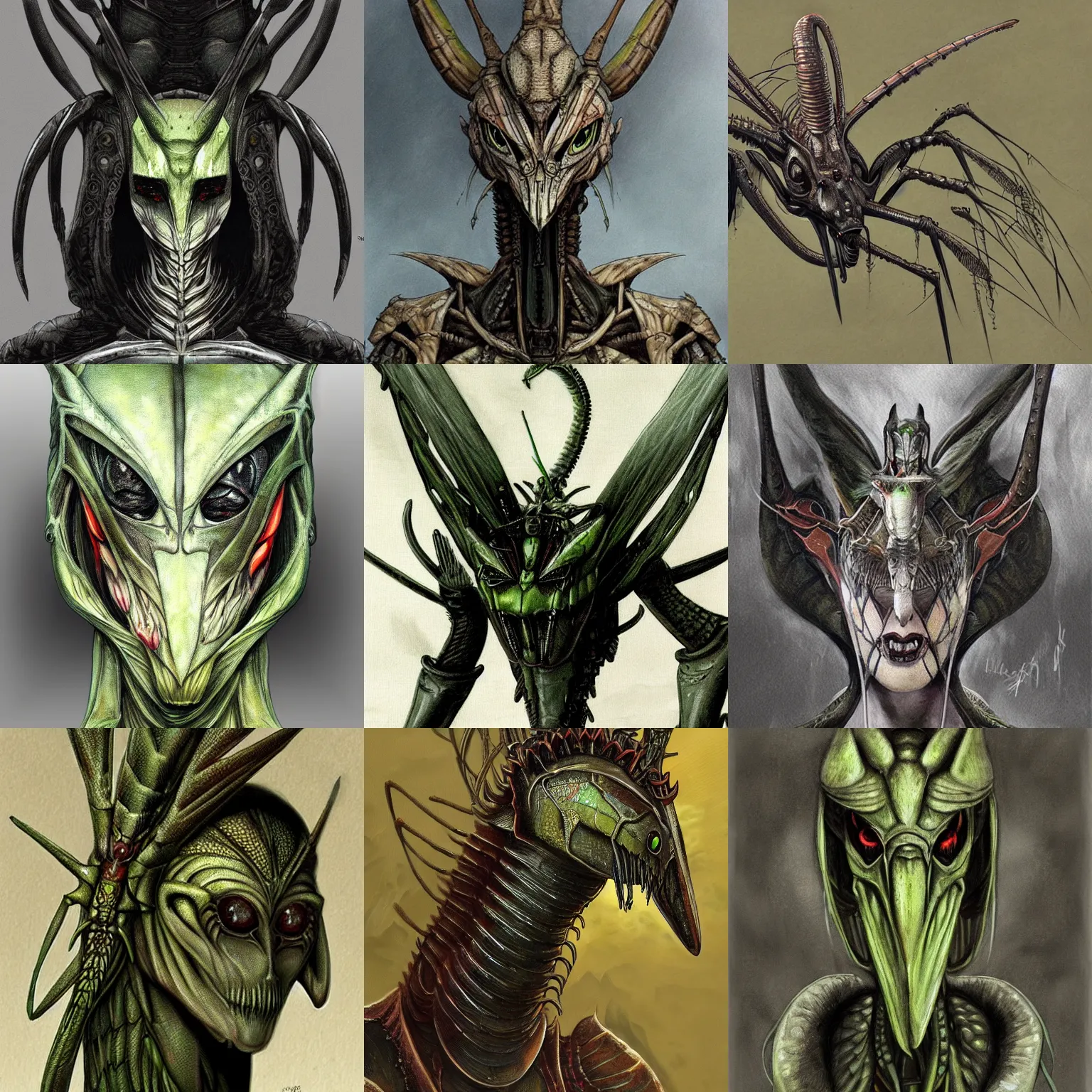 Prompt: a concept art of a mantis assassin, hestiasula head, mantid features by giger