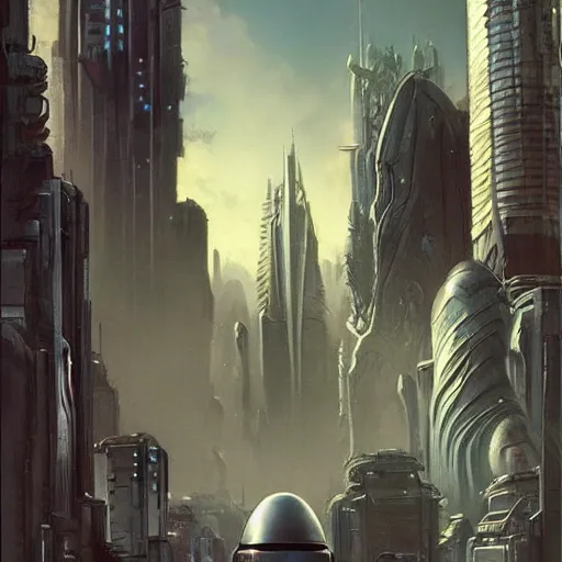 Image similar to An alien cityscape, futuristic alien beings walking through the streets, super advanced alien spacecraft flying in the skies above the city, by Frank Frazetta. Trending on CGSociety, 16k Resolution, hyperdetailed :: no blur, no grain, highly detailed, cinematic, realistic, HDR ::