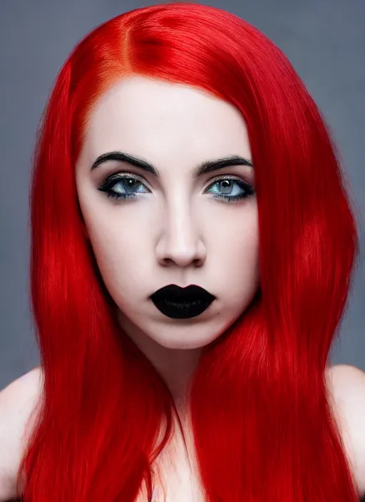 Image similar to ava max bright red hair photographed by charlotte rutherford, canon, highly realistic. high resolution. highly detailed. dramatic. 8 k. 4 k.