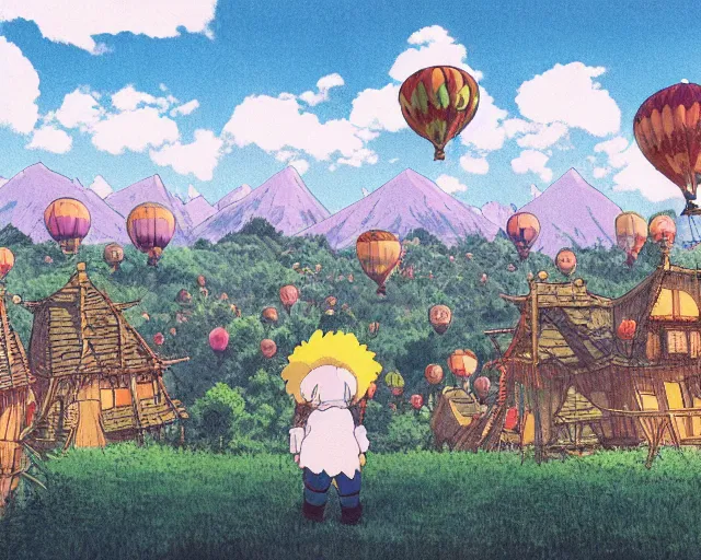 Image similar to mountain overseeing clown village next to a balloon forest, studio ghibli style, hayao miyazaki