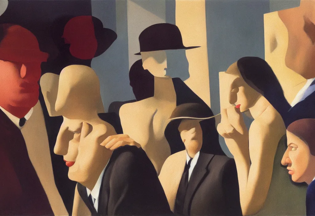 Image similar to group of people pictured in afternoon light, close - up of the faces, surrealist oil painting by edward hopper, dora maar and rene magritte