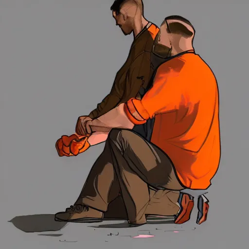 Prompt: goose being zipped - up by man in orange shirt, artstation