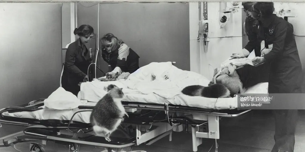 Image similar to photograph of hamster on a hospital bed being attended to by a hamster nurse, black and white photo