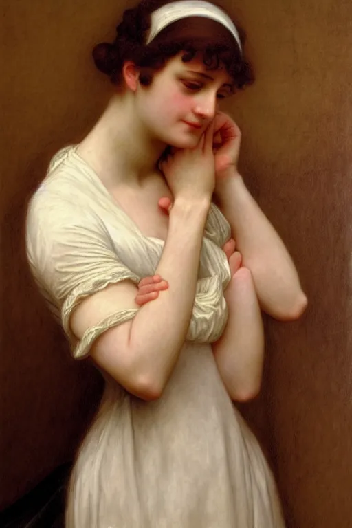 Prompt: jane austen, pain, painting by rossetti bouguereau, detailed art, artstation