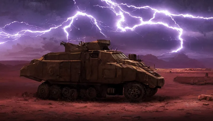 Prompt: an image of an armored vehicle in the night desert with blue headlights on by Paul Chadeisson, atmospherical, concept art, high detail, intimidating , cinematic, purple lightning , heavy storm , Artstation trending, octane render, wet metal