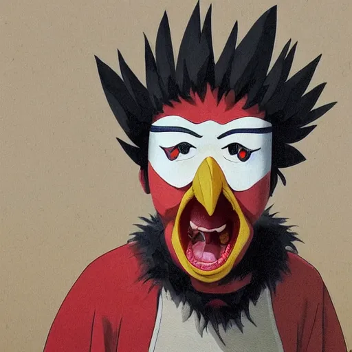 Prompt: scary portrait of an asian man dressed as a chicken, the chicken man, highly detailed painting by studio ghibli 8 k