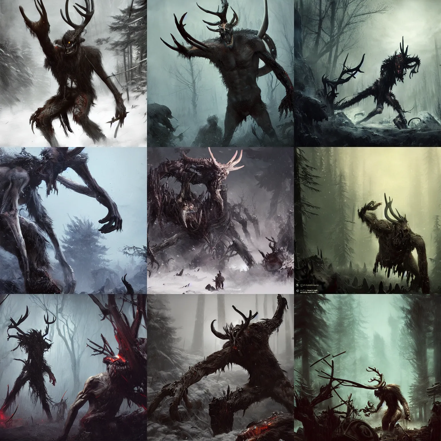 Prompt: a wendigo hunting, attacking a village, trending on artstation, high detail, masterpiece, in the style of ruan jia and brad rigney