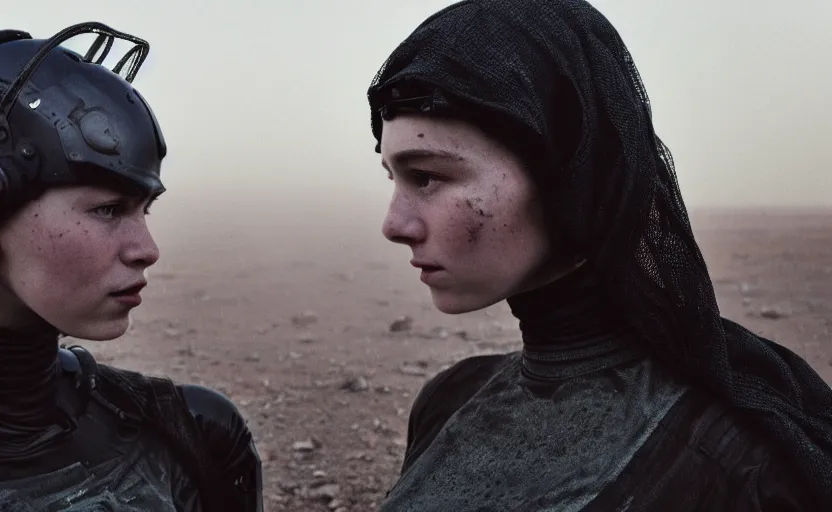 Image similar to cinestill 5 0 d photographic portrait by helen levitt of two loving female androids wearing rugged black mesh techwear on a desolate plain, extreme closeup, modern cyberpunk moody cinematic, dust storm, 8 k, hd, high resolution, 3 5 mm, f / 3 2, ultra realistic faces, ex machina