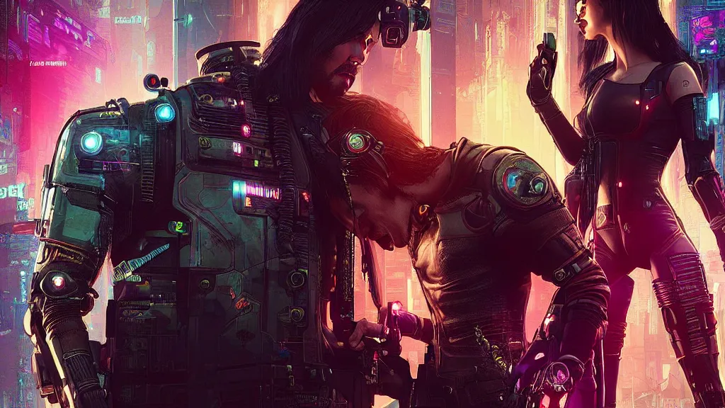 Prompt: a cyberpunk 2077 srcreenshot couple portrait of Keanu Reeves & female android in kiss,love story,film lighting,by Laurie Greasley,Lawrence Alma-Tadema,Dan Mumford,John Wick,Speed,Replicas,artstation,deviantart,FAN ART,full of color,Digital painting,face enhance,highly detailed,8K,octane,golden ratio,cinematic lighting