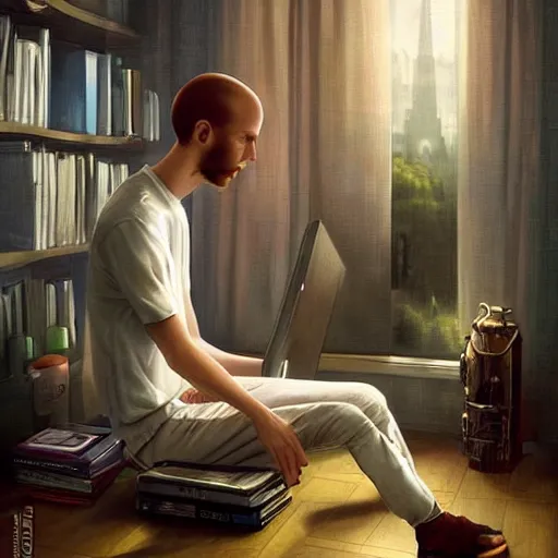 Image similar to a skinny computer nerd guy sitting on the floor of his room, crossed legs, laptop, smartphone, video games, tv, books, potions, jars, shelves, knick knacks, tranquil, calm, sparkles in the air, magic aesthetic, fantasy aesthetic, colorful, whimsical aesthetic, by stanely artgerm, tom bagshaw, arthur adams, cane griffiths, trending on deviantart, street art, face enhance, chillwave, maximalist