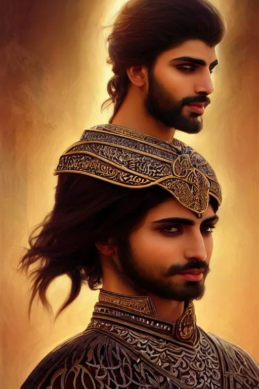 Image similar to Beautiful portrait of a Persian Prince who is a warrior, handsome prince of persia, face painting, attractive young man, persian style architecture, dramatic lighting, intricate, wild, highly detailed, digital painting, artstation, concept art, smooth, sharp focus, illustration, art by artgerm and greg rutkowski and alphonse mucha, footage from space camera