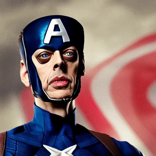 Prompt: still photograph of steve buscemi as captain america