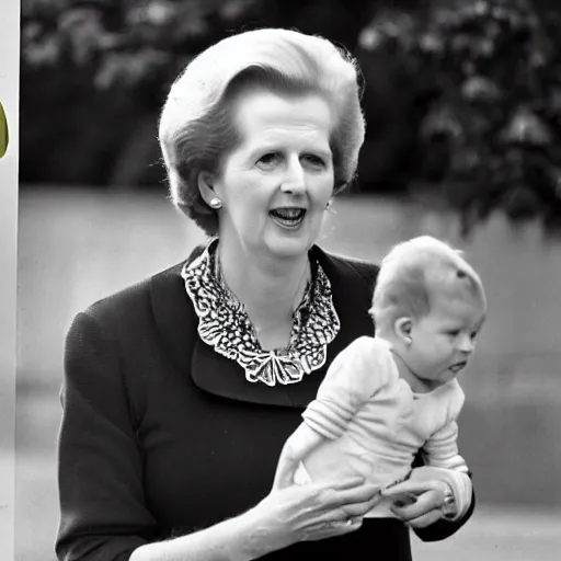 Prompt: margaret thatcher taking a bottle of milk from a baby