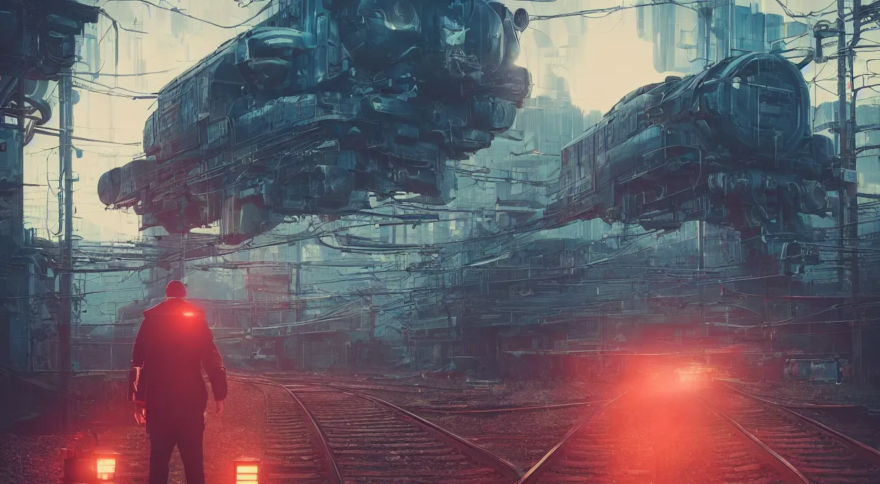 Image similar to a man standing in front of a train on a train track, cyberpunk art by mike winkelmann, trending on cgsociety, retrofuturism, reimagined by industrial light and magic, darksynth, sci - fi