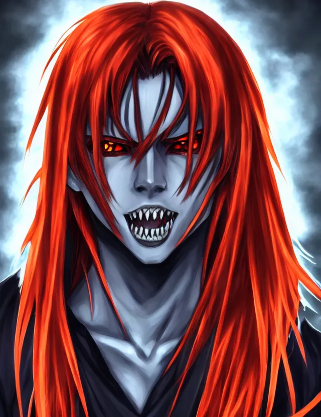 Image similar to a detailed manga portrait of a shadowy handsome demon boy with long crimson hair and glowing orange eyes and fangs, trending on artstation, digital art, 4 k resolution, detailed, high quality, sharp focus, hq artwork, coherent, insane detail, character portrait