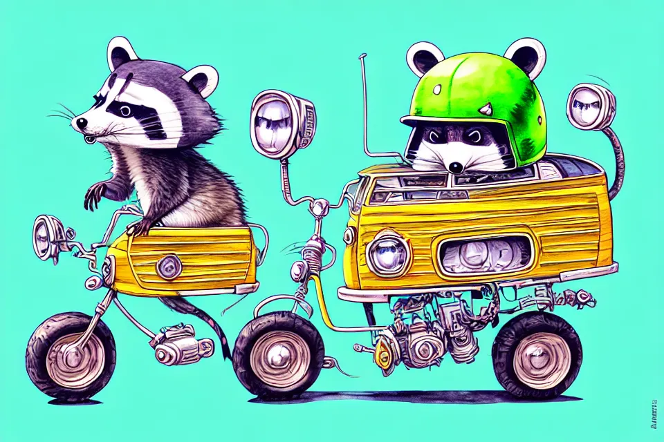 Prompt: cute and funny, racoon wearing a helmet riding in a mystery machine van, ratfink style by ed roth, centered award winning watercolor pen illustration, isometric illustration by chihiro iwasaki, edited by range murata, tiny details by artgerm and watercolor girl, symmetrically isometrically centered, sharply focused