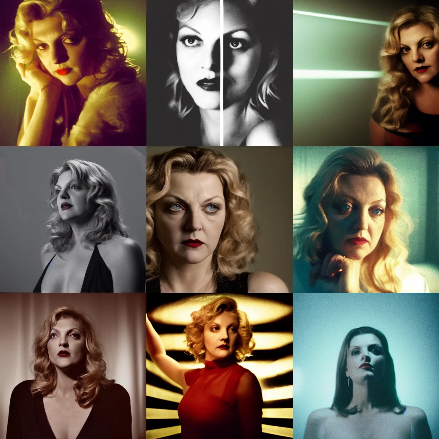 Prompt: the medium portrait photo of actress sheryl lee in black room using top light fresnel, film still from the movie by nicolas winding refn
