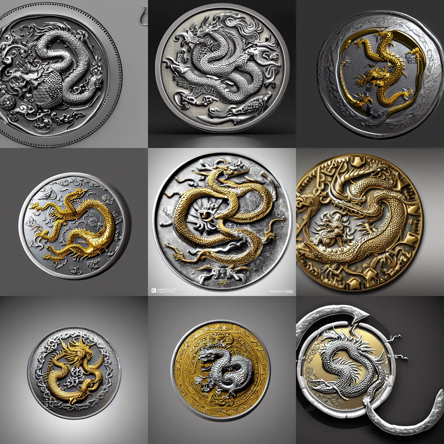 Prompt: Old silver coin with golden dragon in the middle of the coin and many ornaments from the Middle Ages, highly detailed, concept art, 4k, artstation, cgsociety, octane render.